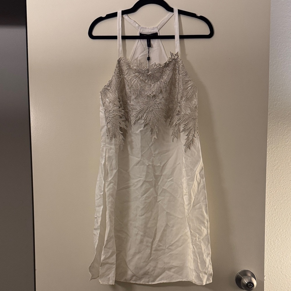BCBGMaxAzria hi-slits Cream Halter Tunic with Floral Lace Overlay